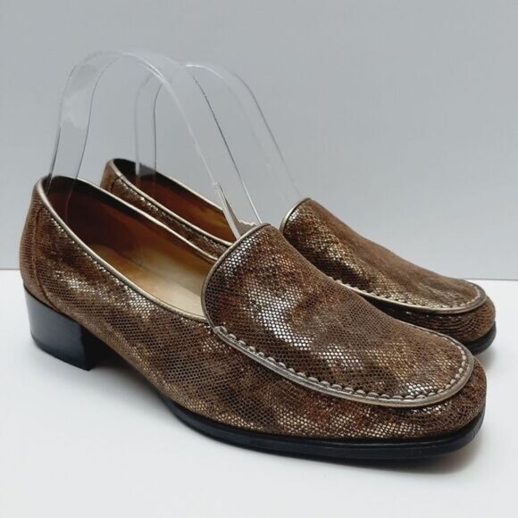 AMALFI Snake Pattern Square Toe Penny Loafer Chunky Block Heels Tan Gold Sz 7.5 - Picture 2 of 12